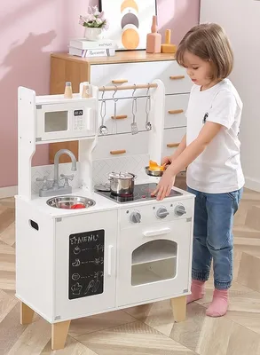 מטבח השף הקטן לילדים עשוי עץ מלא אורות ואפקטים קוליים תנור כיור כיריים ו 10 אביזרים - לבן ויגה PolarB