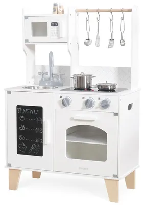 מטבח השף הקטן לילדים עשוי עץ מלא אורות ואפקטים קוליים תנור כיור כיריים ו 10 אביזרים - לבן ויגה PolarB