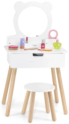 סט שידת איפור מפוארת לילדים עם מגירה, שרפרף ומראה Viga