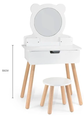 סט שידת איפור מפוארת לילדים עם מגירה, שרפרף ומראה Viga