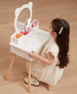 סט שידת איפור מפוארת לילדים עם מגירה, שרפרף ומראה Viga
