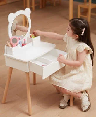 סט שידת איפור מפוארת לילדים עם מגירה, שרפרף ומראה Viga